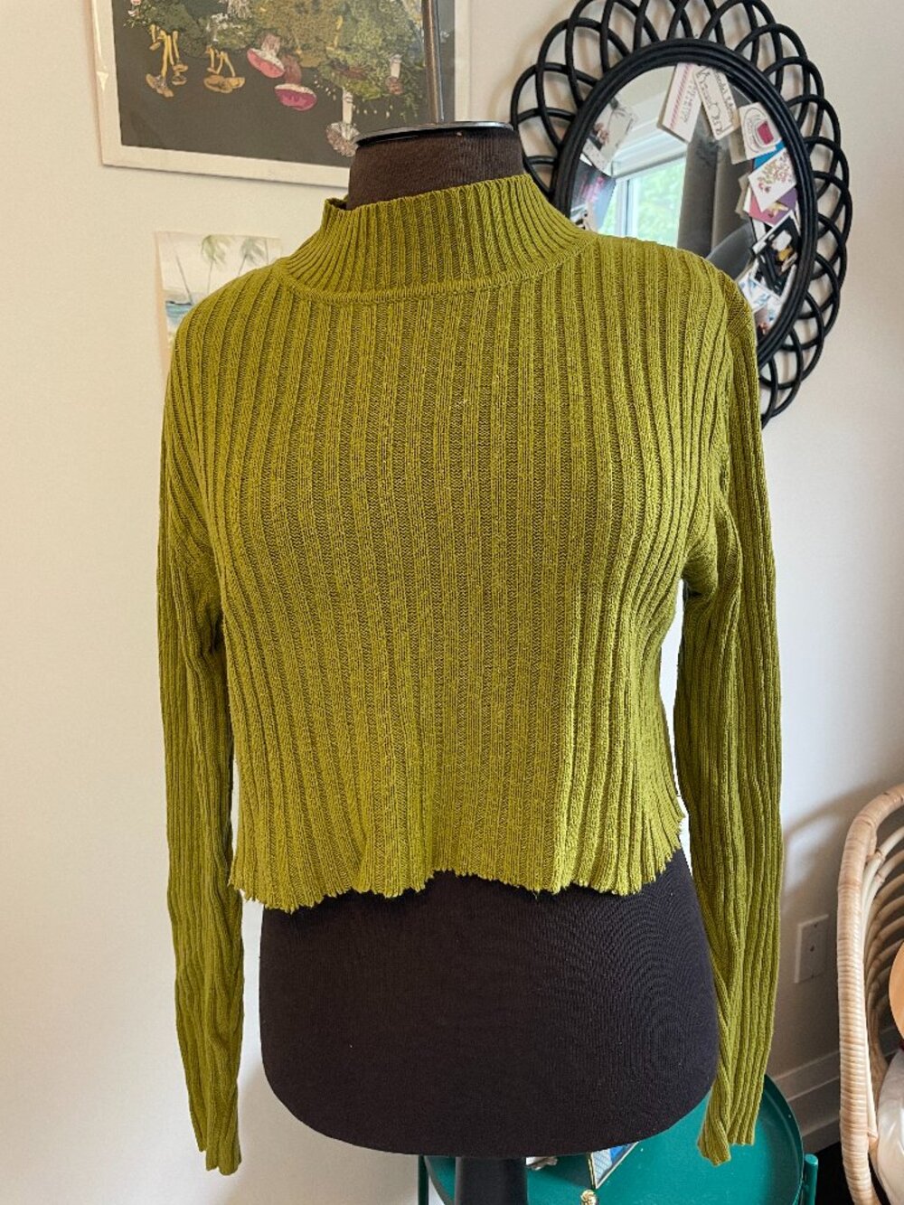 Moss Green cropped rib knit sweater